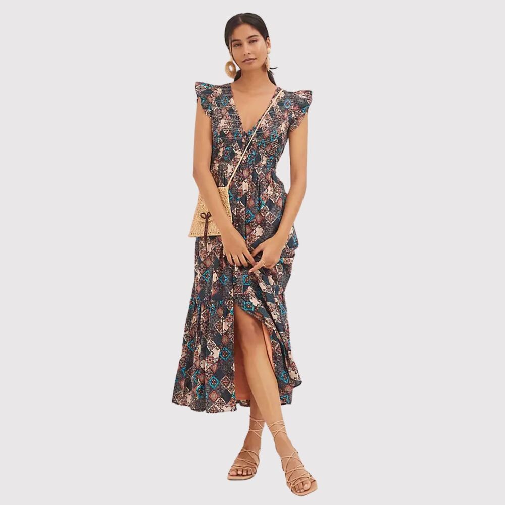 Anthropologie Midi Dress Brown The Peregrine V Neck Patchwork Smocked Boho Small